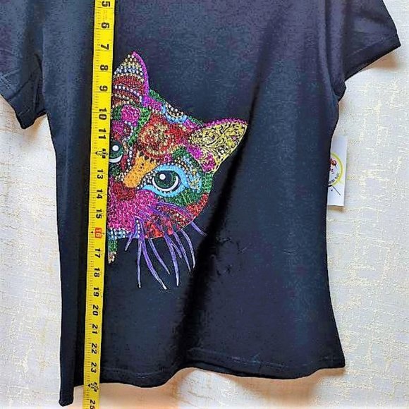 CAT LOVER Rhinestone plus size, Bling Tee, Exclusive. Handmade. BLACK - Picture 5 of 5